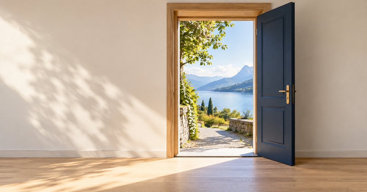 Offene Tür in einer hellen Wand, dahinter ein Weg am See