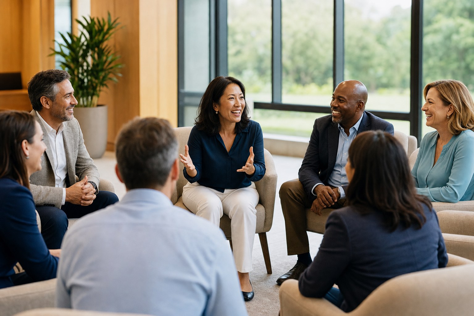Eine motivierte Gruppe im lebendigen Gespräch während eines Workshops